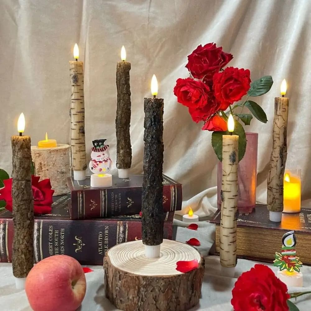 Soft Light LED Flameless Candles Birch Wood Texture LED Light Fake Candle Lights Flame Simulation Flameless Design
