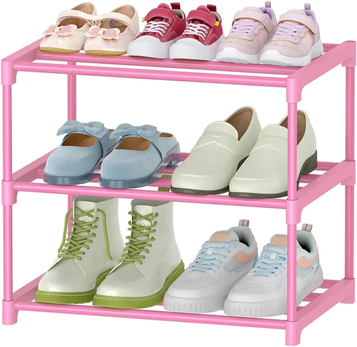 3-Tier Pink Shoe Racks for Women/Girls/Kids' Closet, Small Shoe Storage for 5-7 Pairs, Lightweight Stackable Shoe Shelf Organizer for Entryway, Front Door Entrance, Bedroom