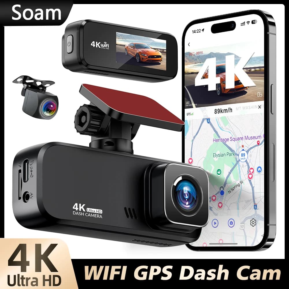 Soam Dash Cam anteriore e posteriore 4K+1080P, telecamera per auto WiFi con controllo app, modalità parcheggio 24/7, visione notturna, WDR, sensore G, scatola nera