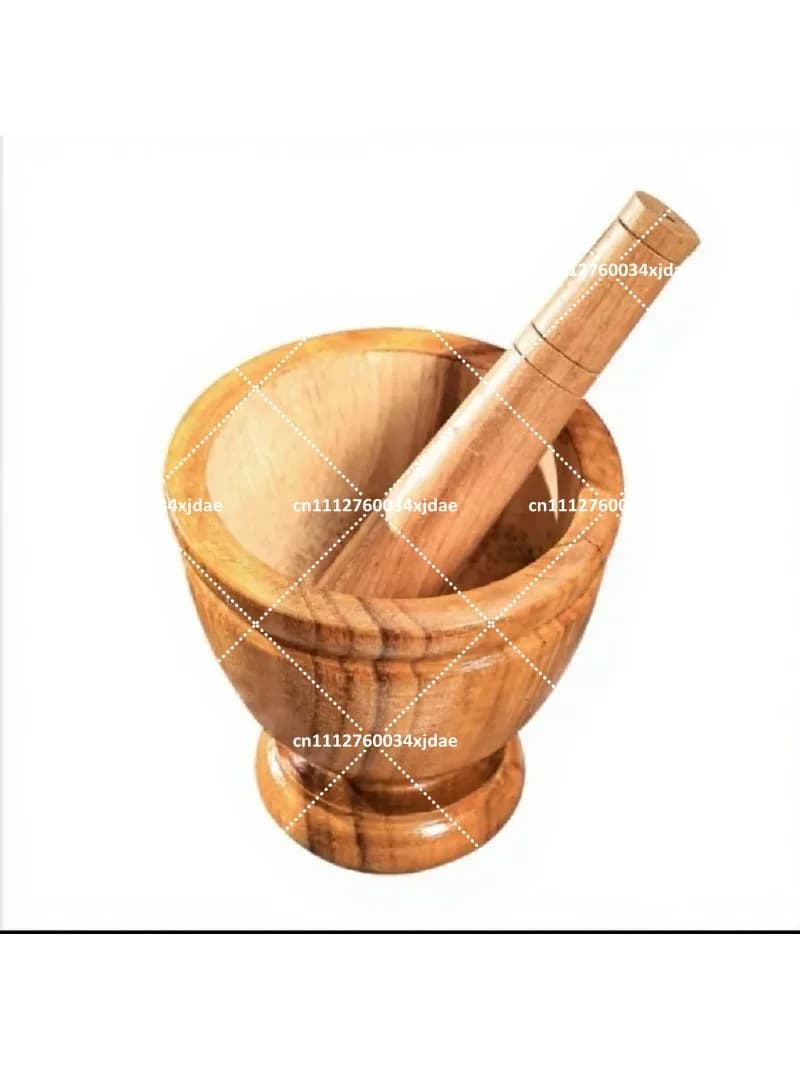 Solid Wood Mortar and Pestle Set for Garlic Herbs Spices, Round Wooden Bowl Kitchen Tool Diameter 14 cm, depth 8 cm