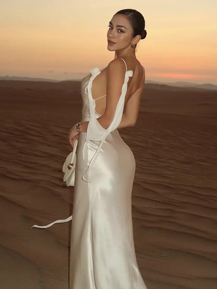 HG Elegant 3d Flowers Backless Dress Women Bodycon Swing Collar Sleeveless White Sling Maxi Robe Summer Lady Evevning Vestidos