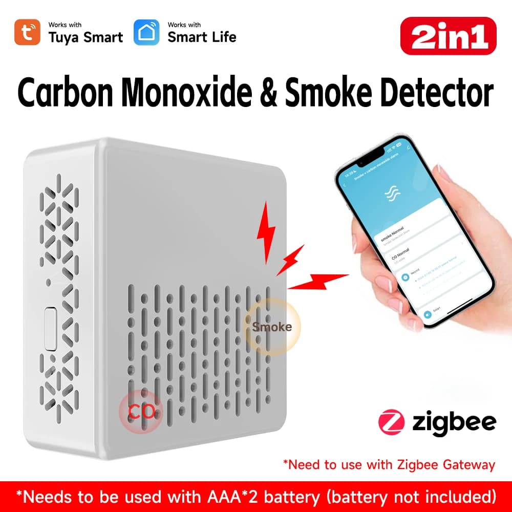 Tuya 2 In 1 ZigBee Version Smoke Fire Sound Alarm Sensor, Smart CO & Smoke Detector, Gas Detector Need Gateway