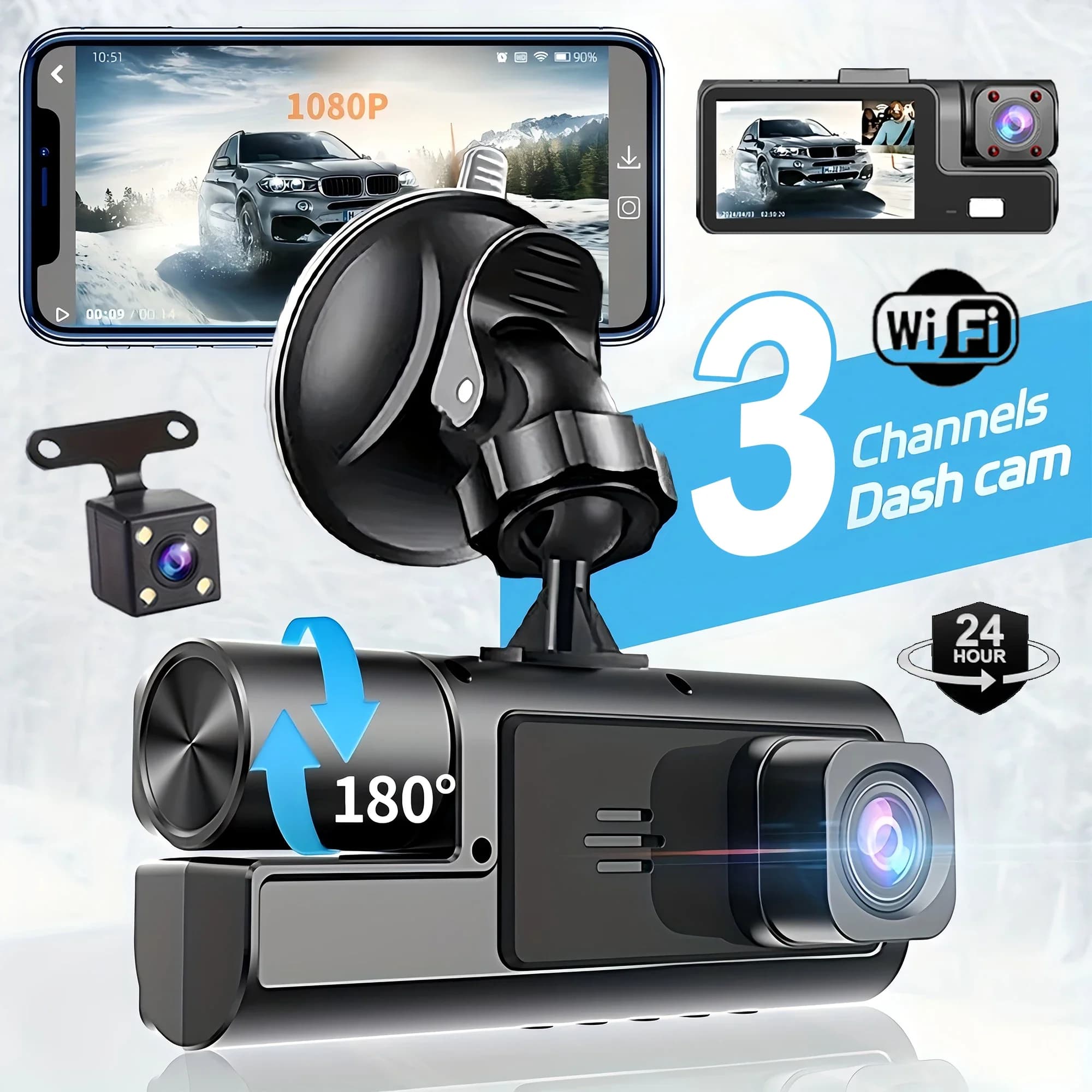 3Camera Dash Cam for Car Camera Video Recorder 1080P WIFI Car DVR Camera for Front Rear View Night Vision Black Box Car Accessories