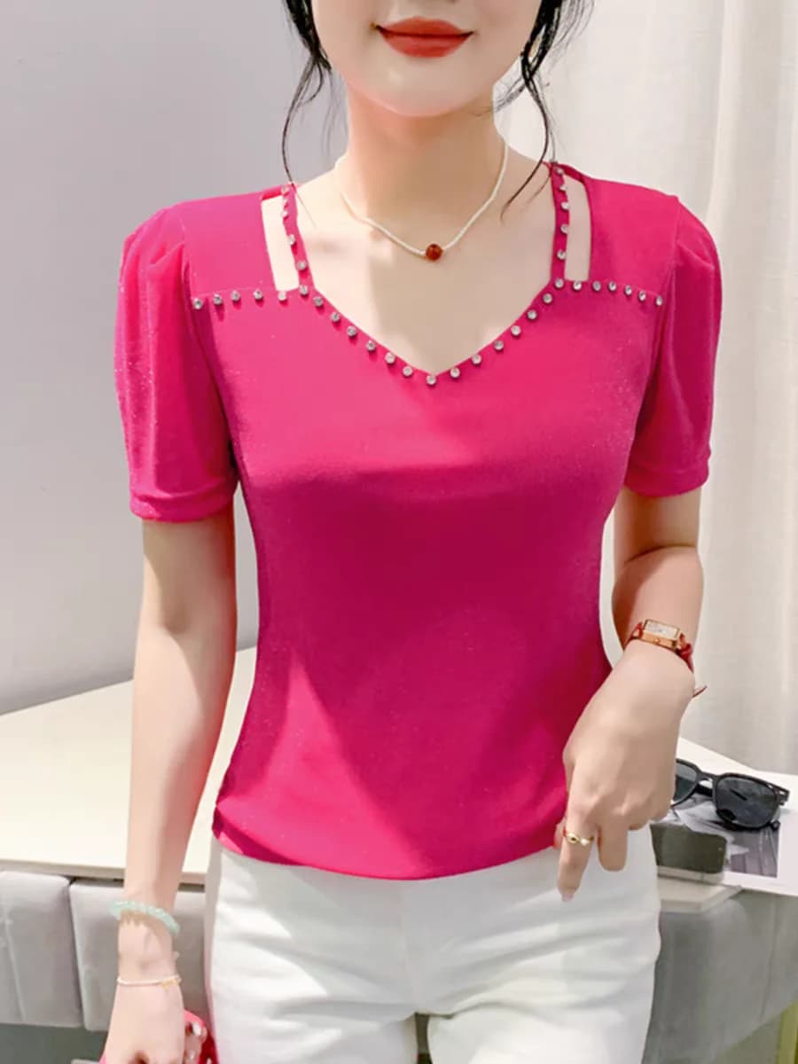 Magliette a rete ragazze estate manica corta Faux Diamonds scollo a V Tees donna alta elastico elegante Tshirt Top 2024