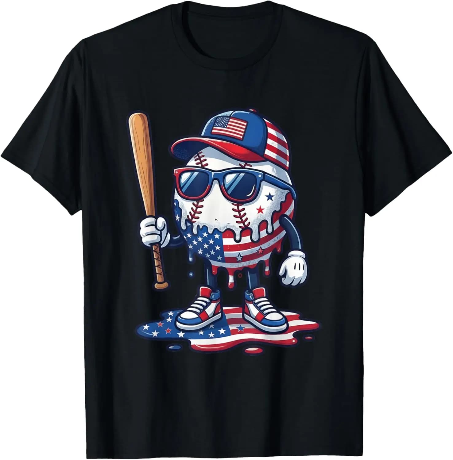 Baseball Drip Ice Cream Boys 4Th Of July American USA Flag T-Shirt 100% Cotton T-Shirt: Soft, Quick-Drying, Versatile, Unisex Short-Sleeve Top for Sports and Casual Wear