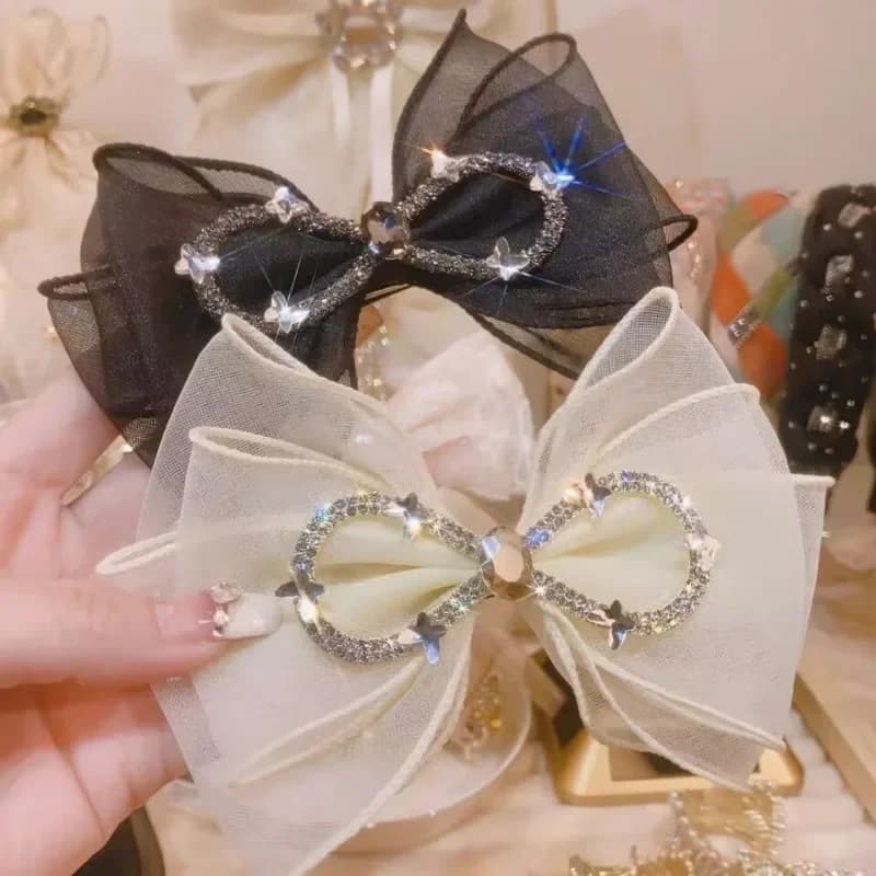Elegant Mesh Bow Hair Clips for Women Crystal Hair Tie Elastic Hair Bands Headwear Fashion Headpiece Girls Accessories
