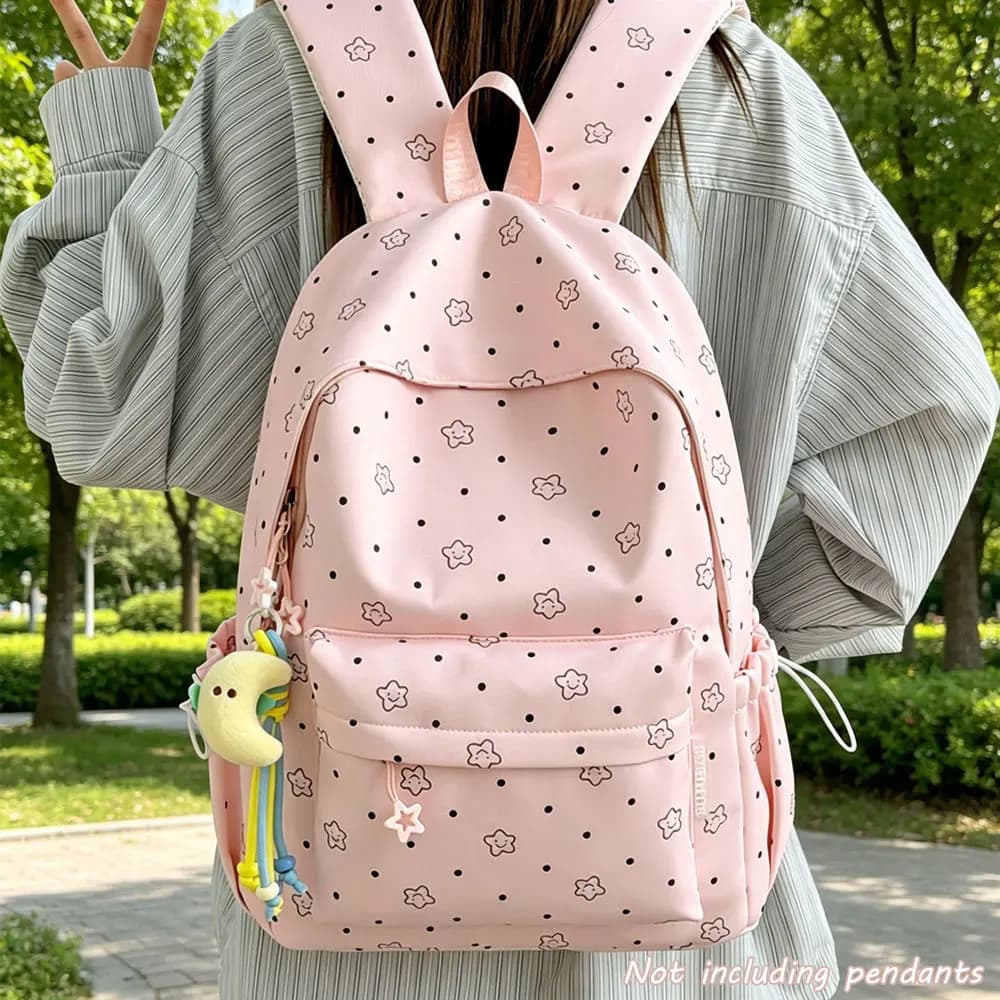 Zaino Stile Coreano con Stampa di Stelle Rosa per Donne, con Cinghie Regolabili per Studenti e Uso Quotidiano