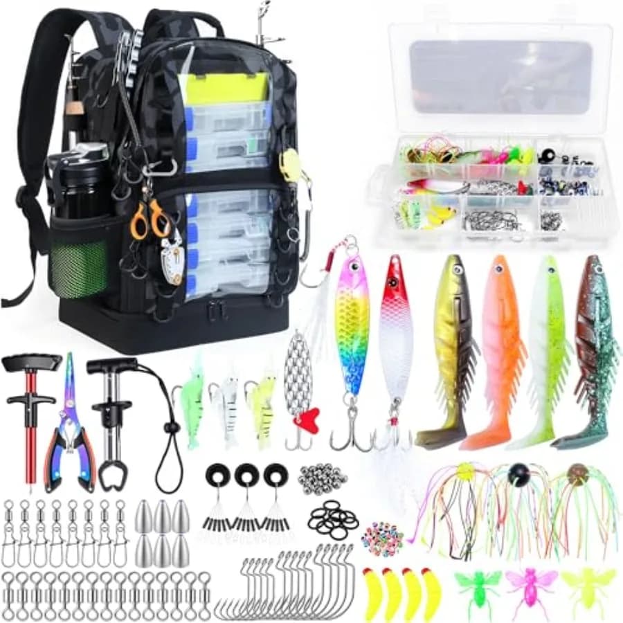 Zaino da Pesca con Scatole Porta Attrezzi, Borsa Grande da 45L con Scomparto Termico e Kit di Attrezzatura da Pesca, Zaino Impermeabile per Attrezzi da Pesca, Ideale come Regalo