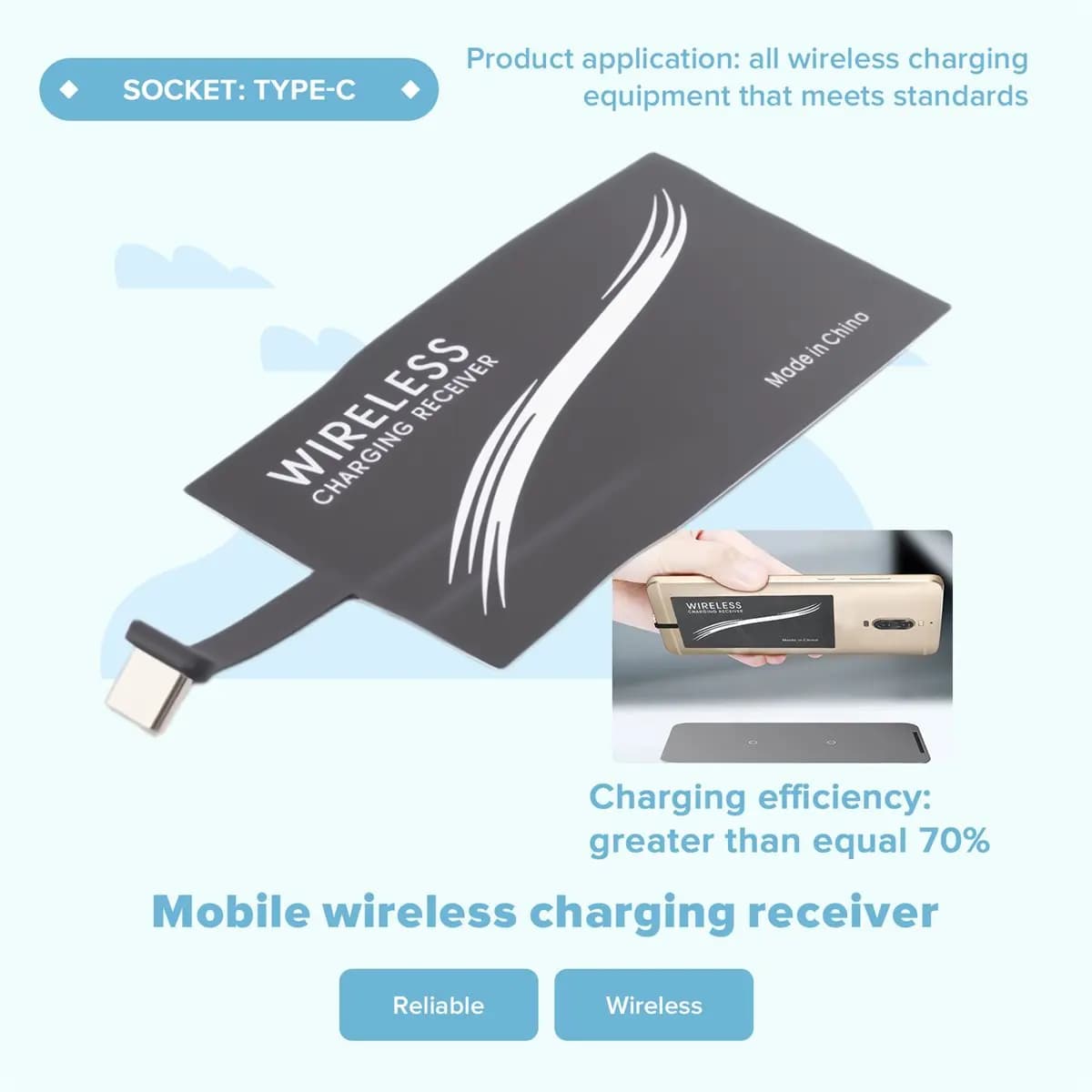 （Gift Idea）Wireless Charger Type-C Universal Charging Receiver for P20 Pro P10 Plus Mi8 Mi6 for USB Type C