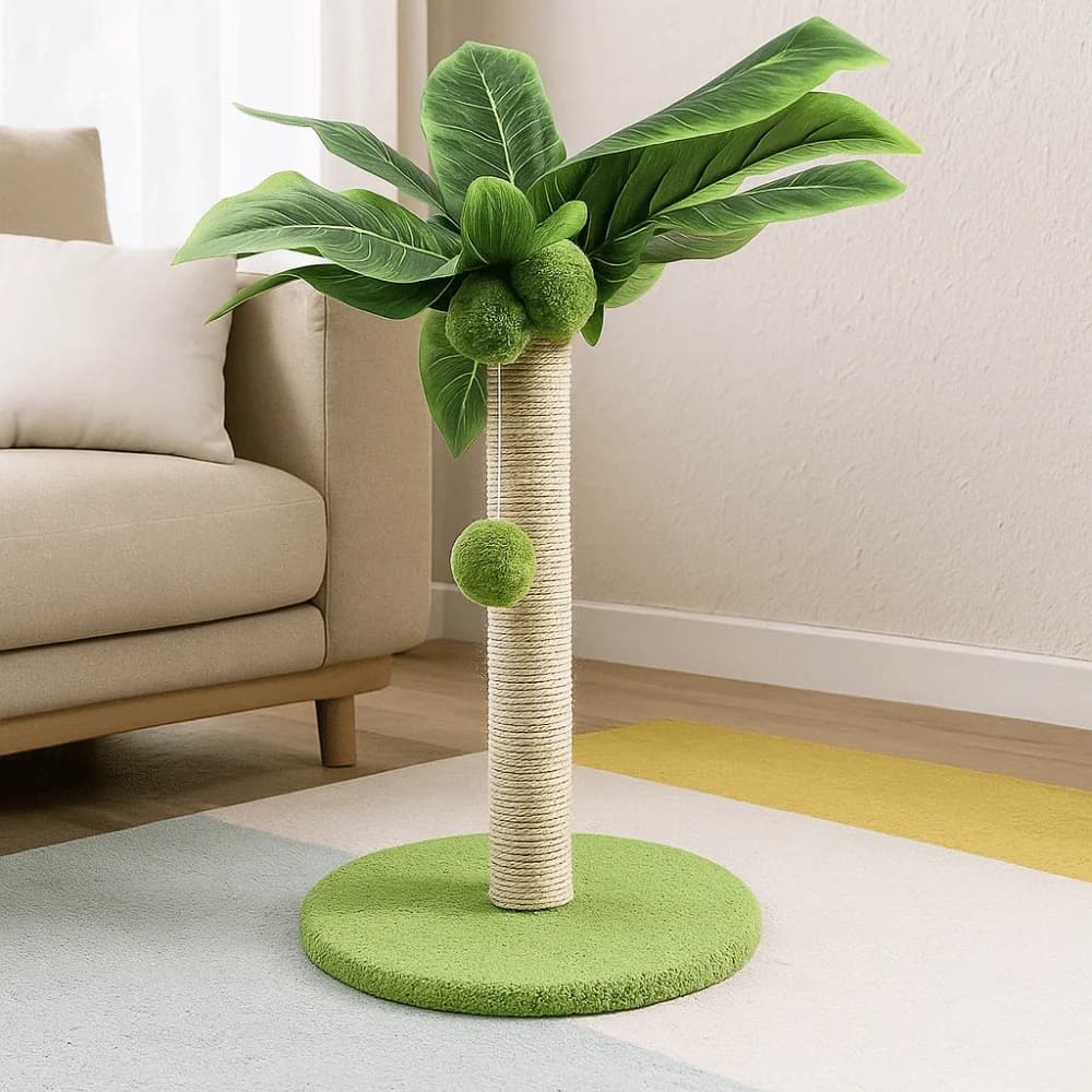 Tiragraffi per Gatti in Corda di Sisal con Foglie Verdi, Pista in Legno con Palline, Tiragraffi con Palline Appese, Design Resistente, Albero per Gatti