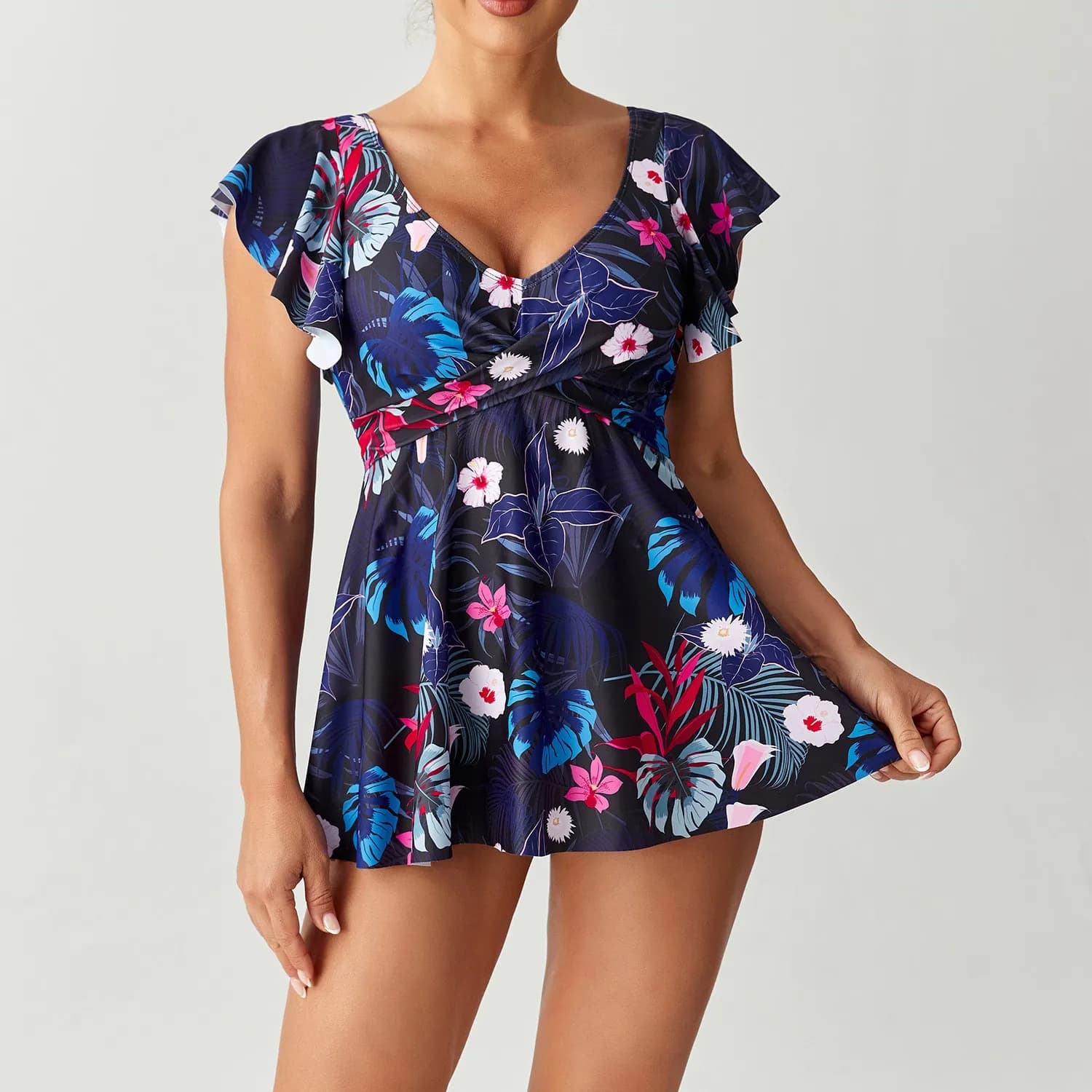Costume da bagno donna Tankini a maniche corte con scollo a V, top tankini con stampa floreale, gonna con stampa tropicale, costume da bagno due pezzi