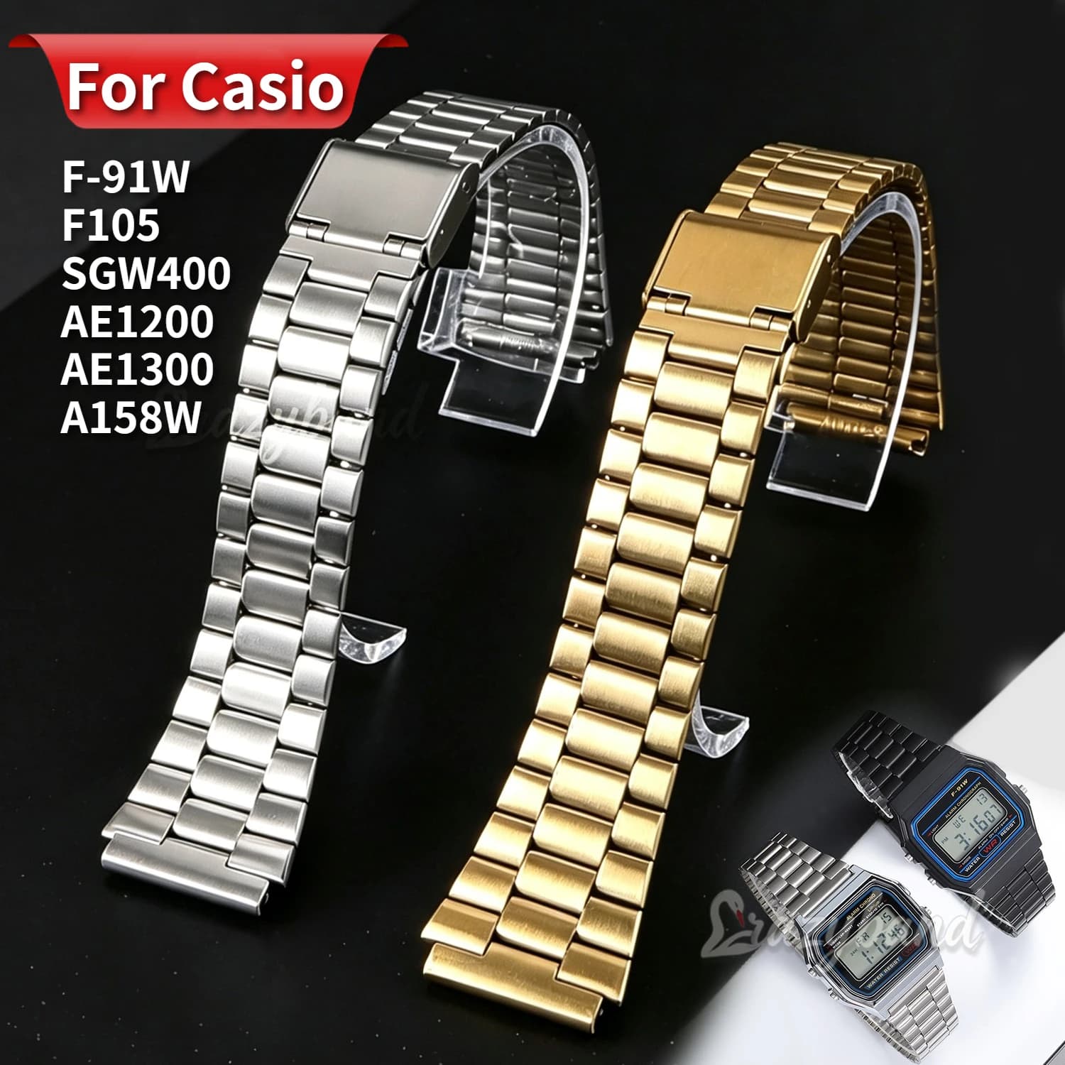 For Casio F-91W AE1200/1300 Stainless Steel Watch Band 18mm Strap for SGW400 F105/108/A158W/168 F84 Silver Men Women Metal Wrist