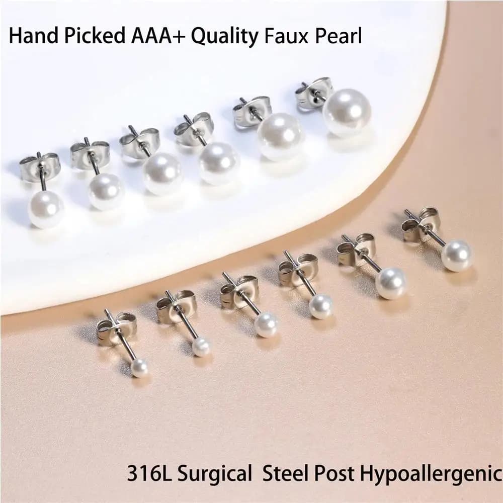 6 paia di eleganti orecchini a bottone con perle finte a sfera piccole e grandi in acciaio inossidabile ipoallergenico per donne e ragazze 3-8 mm