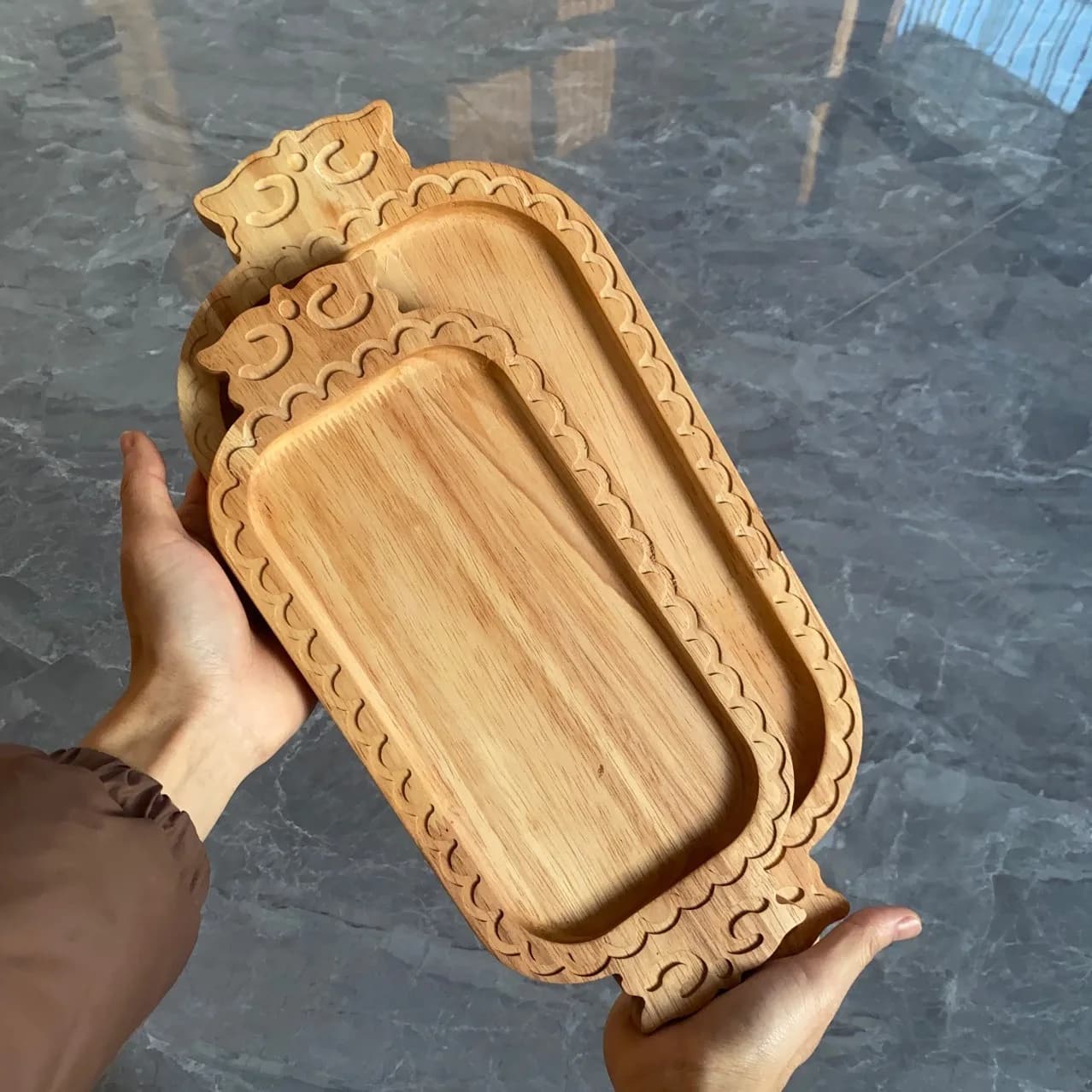 Solid Wood Dessert Plate Carved Rectangle Food Tray Snack Dried Fruit Tea Tray Japanese-style Bread Board Pallet Kitchen Supplie