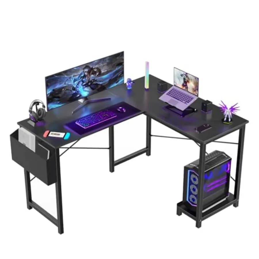 Scrivania a L - Scrivania per Computer ad Angolo, Scrivania da Gaming, Tavolo PC con Supporto CPU e Borsa Laterale per Casa, Ufficio, Dormitorio, Scrivania Robusta per Scrittura e Lavoro
