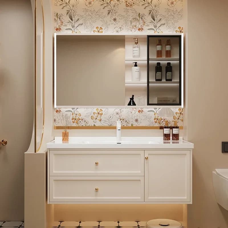 Mobili da Bagno Stile Francese Vintage con Lavabo, Armadietti Angolari e Specchi, Arredamento Toilette