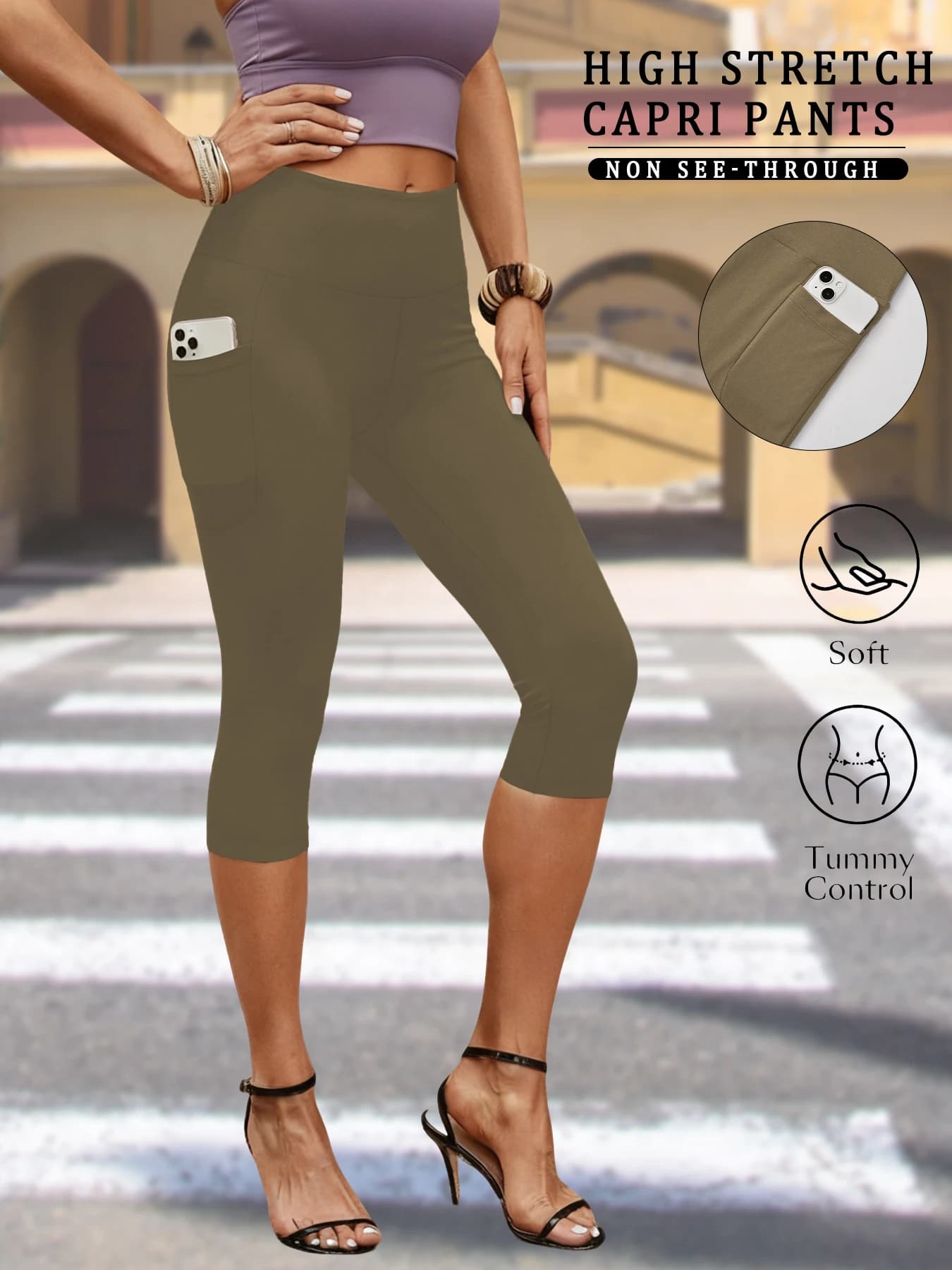 Pantaloni Capri da donna con tasche, vita alta da 5 pollici, super morbidi, non trasparenti, controllo della pancia, per corsa e yoga
