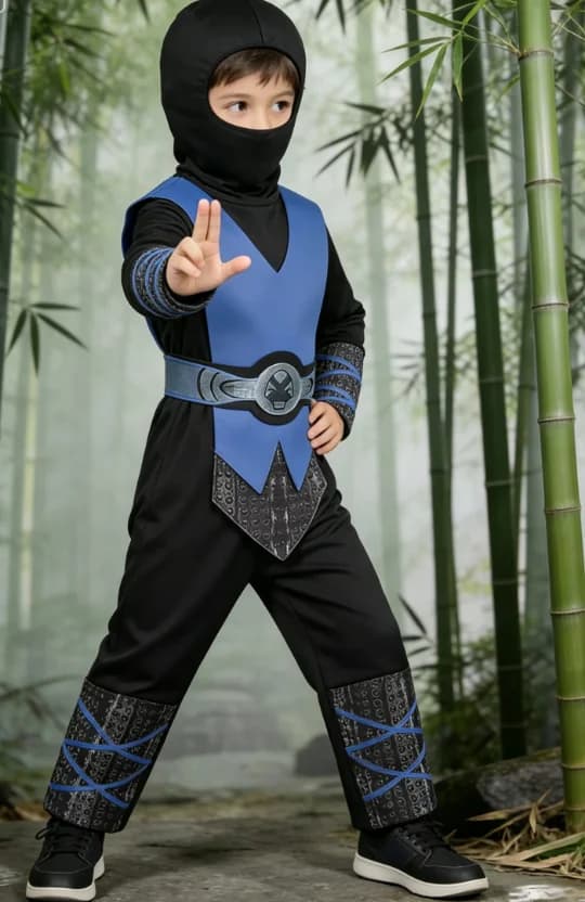 Boys Black Blue Long Sleeve Top Vest Printed Pants Belt Hood 5Pcs Set