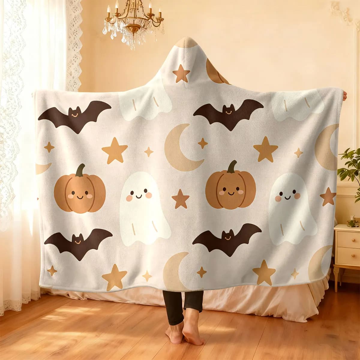 1pc Halloween ghost pumpkin bat star moon print hooded blanket flannel hoodie wearing cape blanket soft comfortable washed