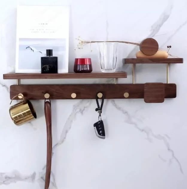Solid wood wall hanger for entrance, holders for clothes and keys, without drilling