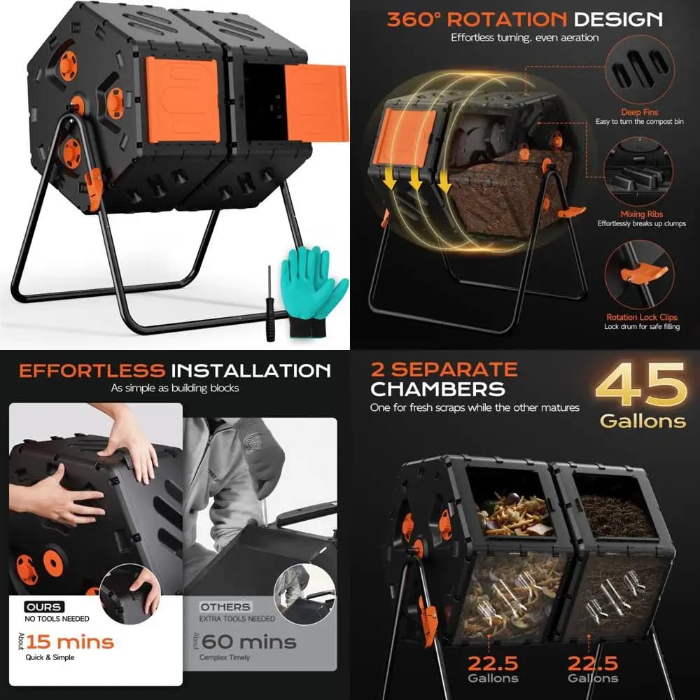 Contenitore per compost girevole da esterno a doppia camera da 45 galloni per compost in giardino efficiente e facile montaggio