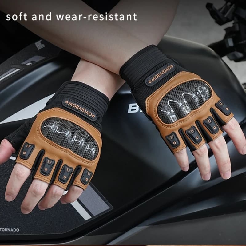 Summer Breathable Half-Finger Motorbike Gloves Genuine Leather Anti-Slip Shock Absorption Unisex Protective Gear Motorcycle Glov