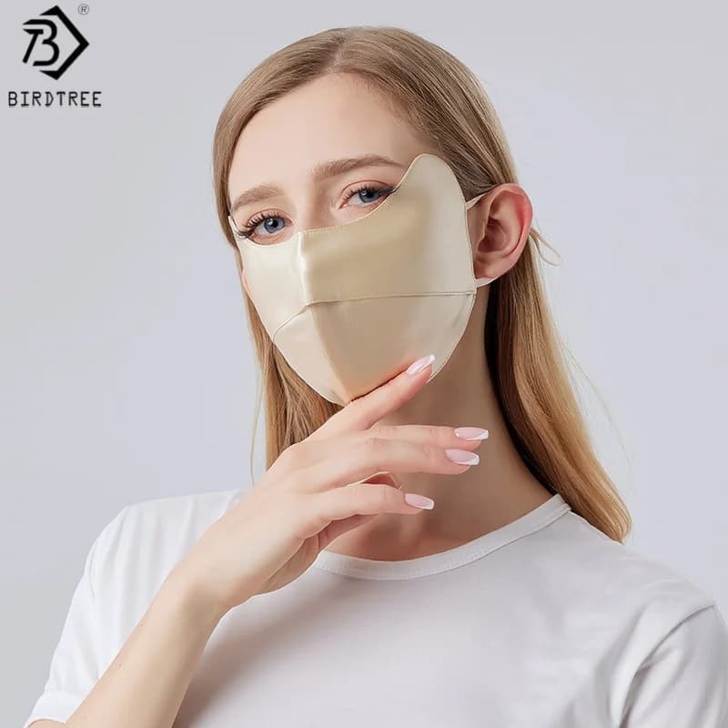 Birdtree 22Mm 100% Natural Double Layer Silk Mask, Woman Plain Satin UV Protection Adult Face Mask for Outdoor Sunshade A59236JF
