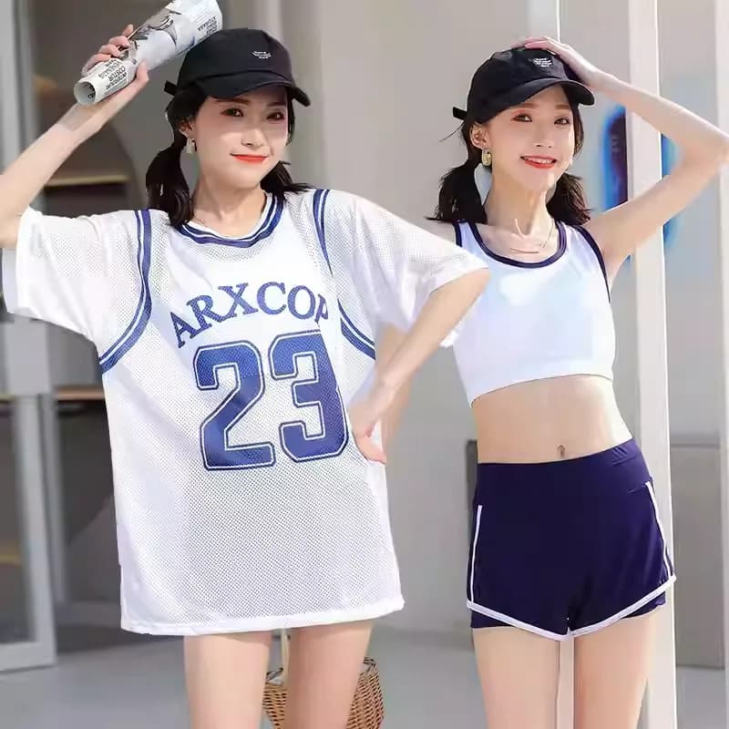 Three-piece swimsuit for women Xia, conservative model, with beach mesh cover, covering the body, the belly and the small breast, slender effect, student style.
