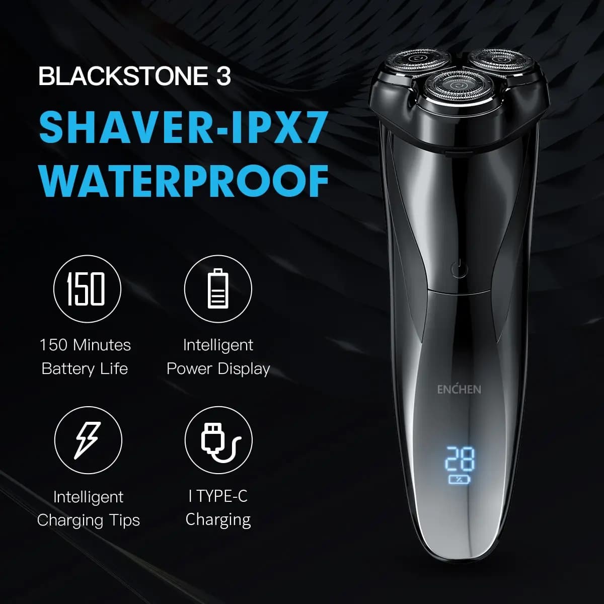 ENCHEN 3D Electric Shaver Blackstone 3 IPX7 Waterproof Wet And Dry Dual Use Face Beard Battery Digital Display for Men