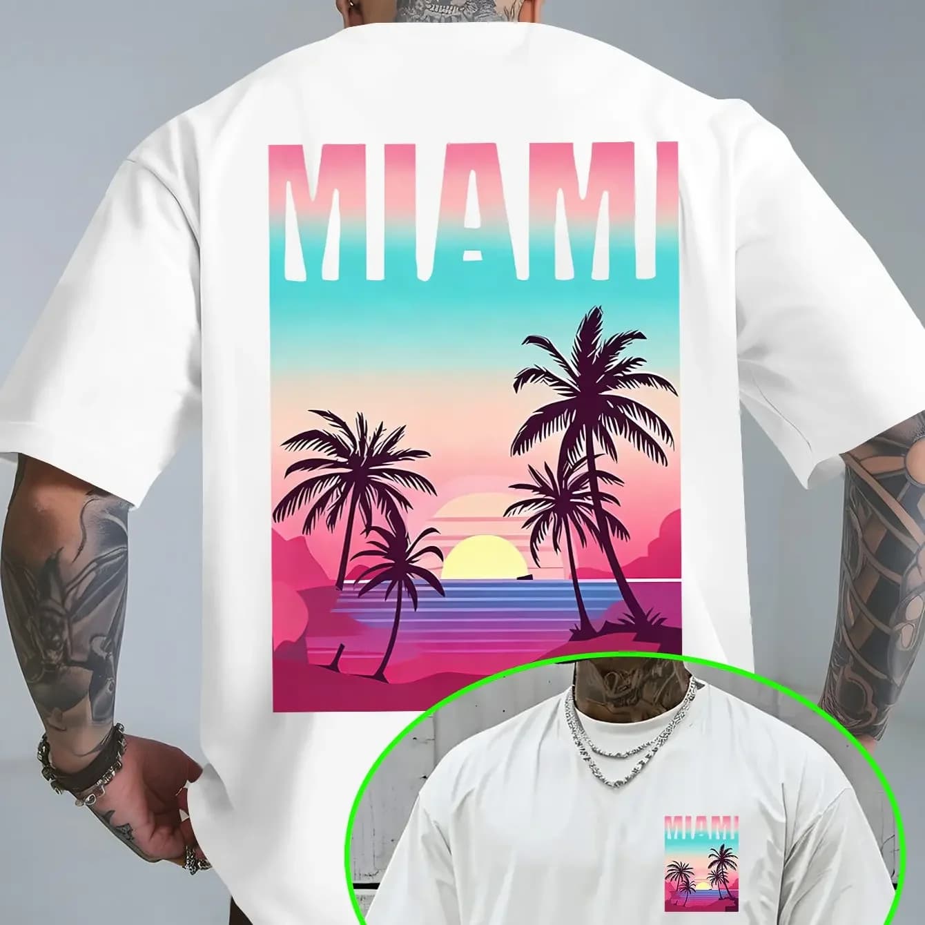 T-shirt da uomo MIAMI in 100% puro cotone traspirante con sfumature neon, un top versatile per le uscite estive in spiaggia