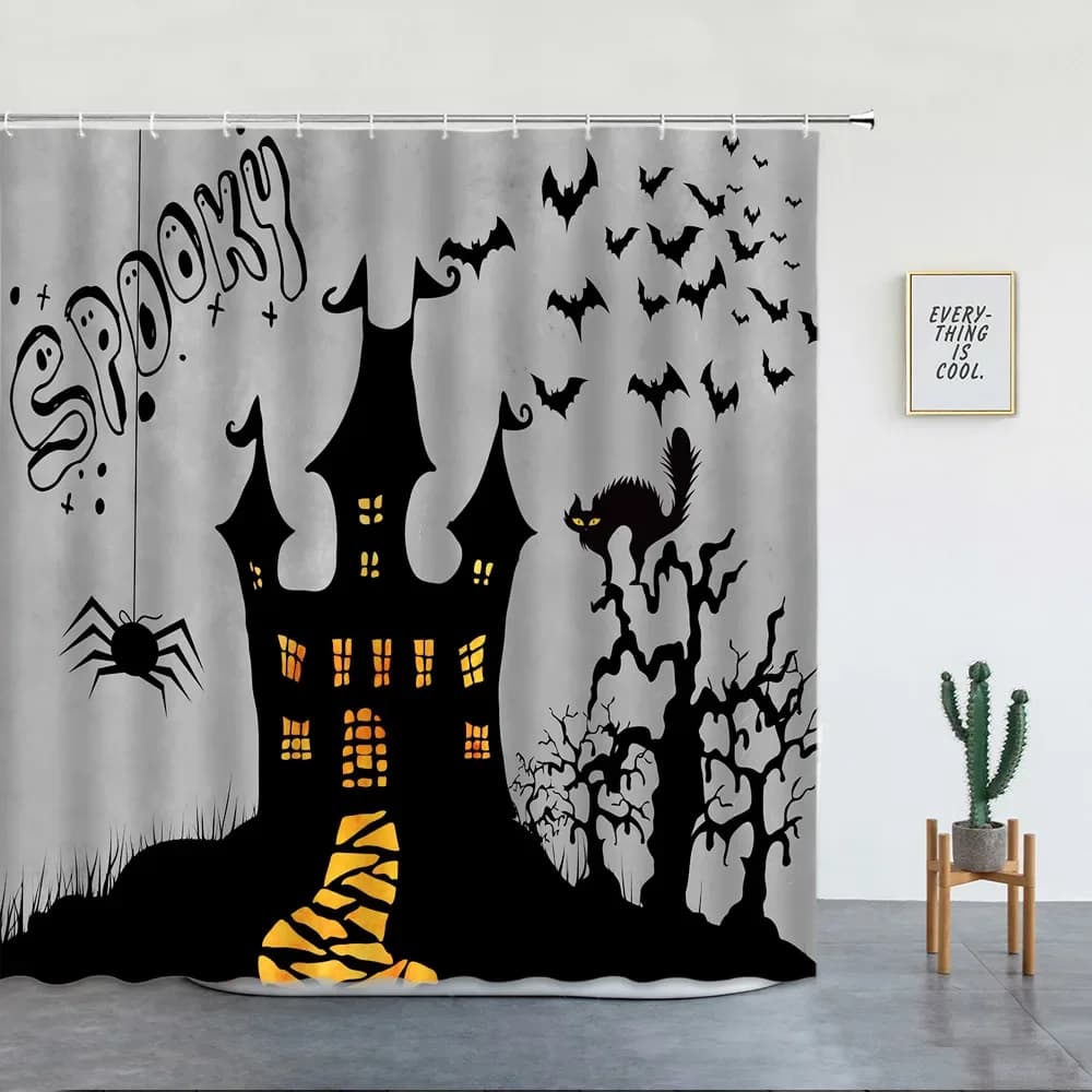 Tenda da Doccia Halloween con Scheletro e Zucca, Decorazione Casa, Horror, Strega, Castello, Foresta, Impermeabile, in Tessuto Poliestere, per Bagno
