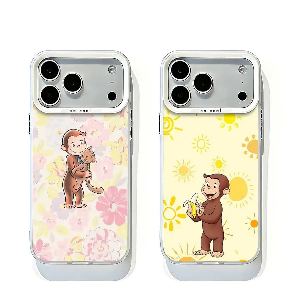 C-Curious G-George White Matte Large Lens Frame Cover For iPhone 12 11 14 13 17 16 15 Pro Max Plus Air XR