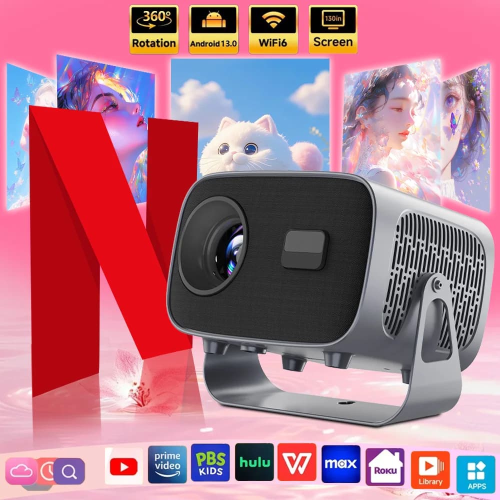 Mini Proiettore 4K A10 Android 13 WiFi6 BT5.0, Cinema Domestico Portatile, Proiettore Video 1080P 280ANSI per Esterni