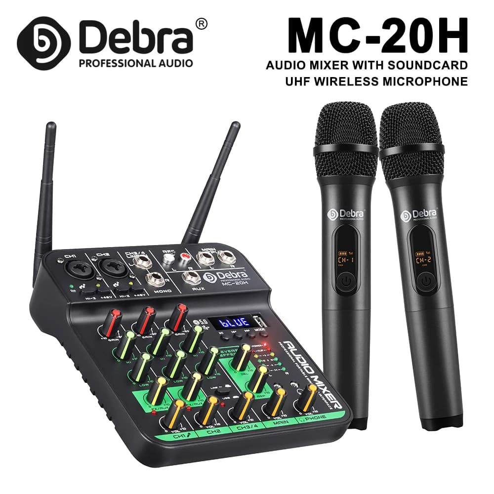Mixer Audio UHF a 4 Canali Debra MC-20H con Doppio Microfono Wireless, Bluetooth 5.0, Mixer DJ per Concerti, Webcast, Karaoke