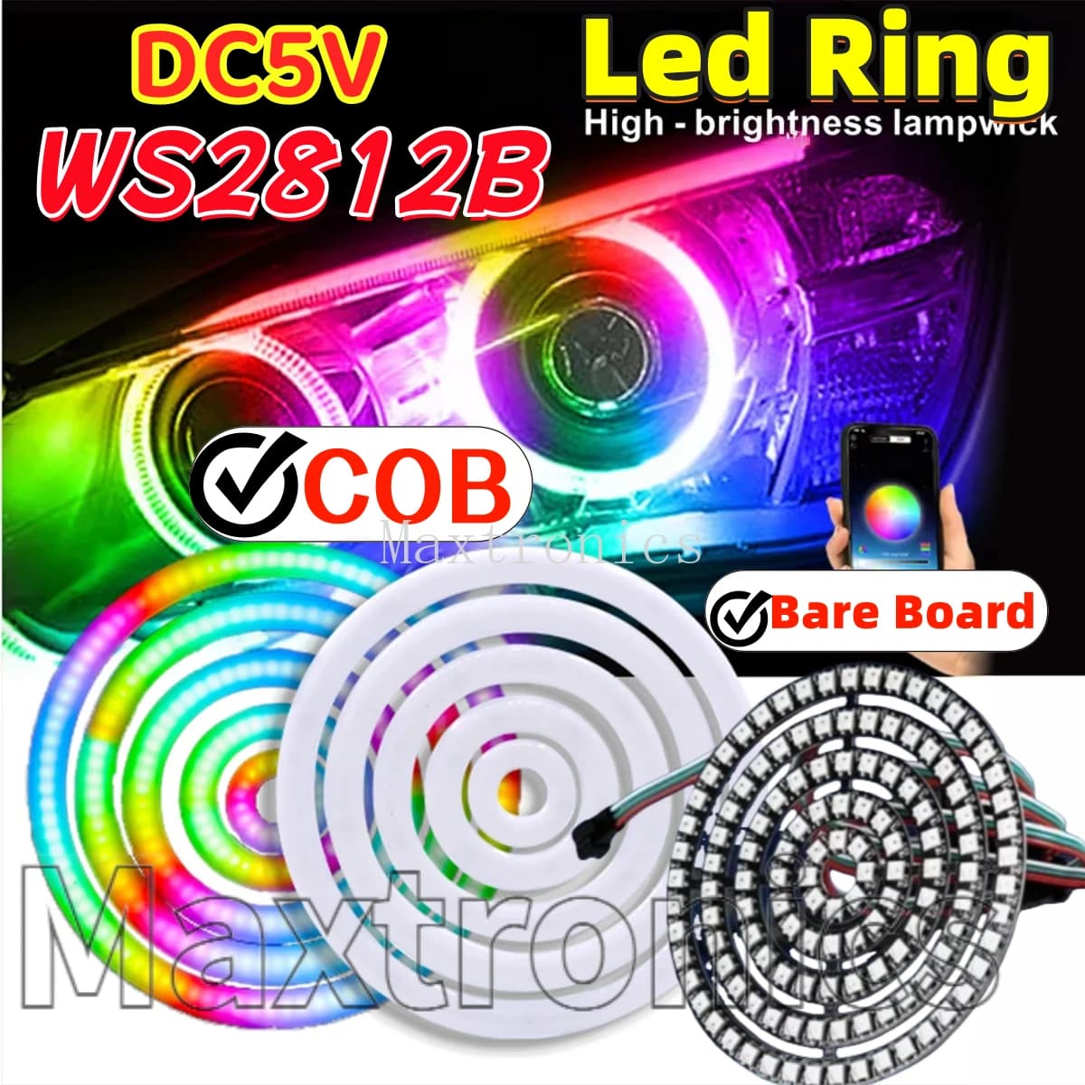 Anello LED RGB WS2812B FCOB 18/36/54/72/90 LED / Scheda Nuda 8/16/24/35/45 LED Indirizzabili Singolarmente con Controller Bluetooth APP SP611E