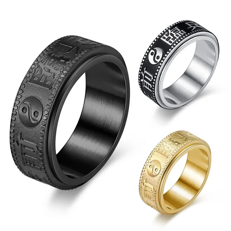 Retro 8mm anelli a fascia in acciaio nero per uomo ragazzi Yin Yang Taichi Fidget Spinner Ring per Daliy Wear e antistress