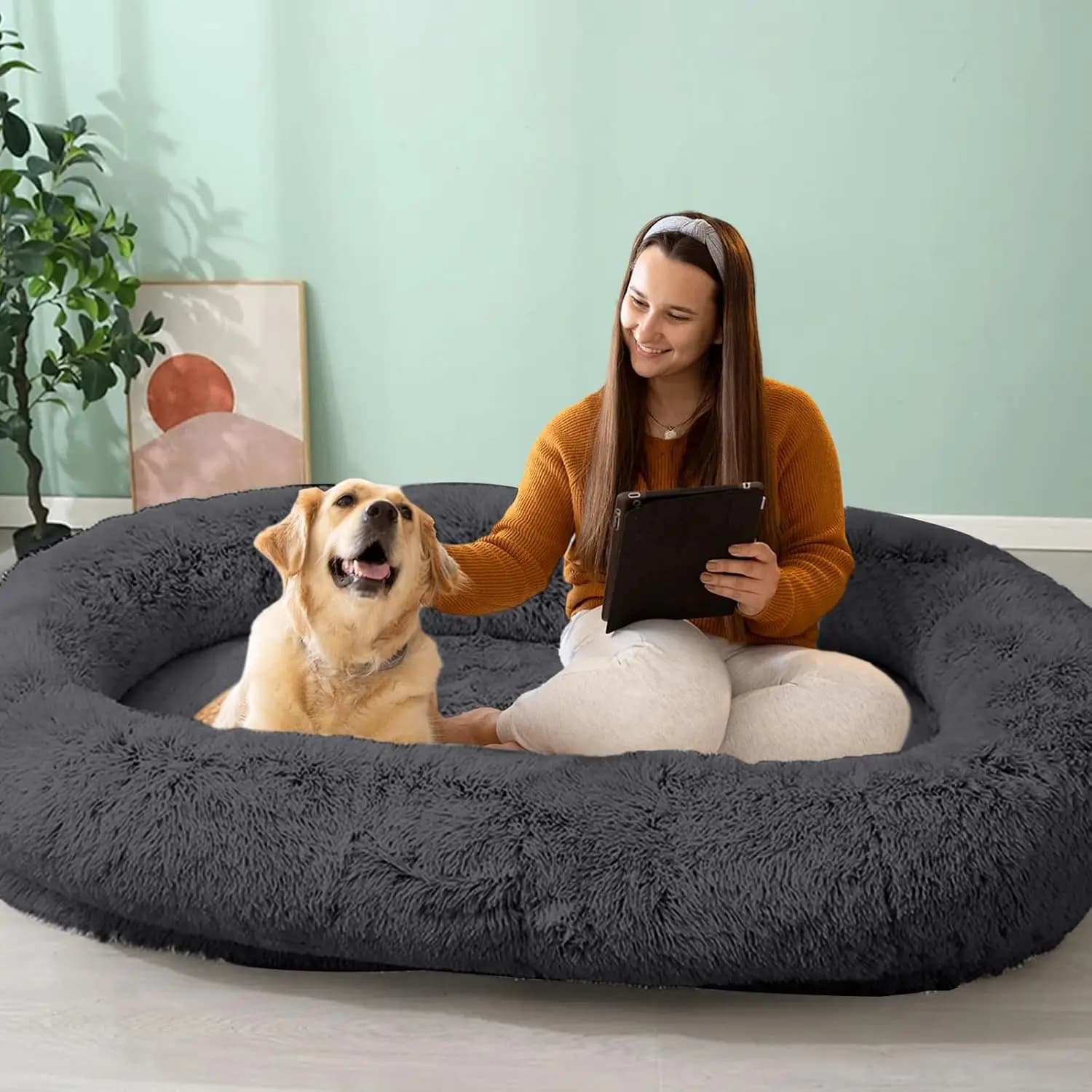 Letto per Cani e Persone, Ultra-Morbido in Peluche con Schiuma a Nido d'Ape, Base Antiscivolo e Lavabile in Lavatrice
