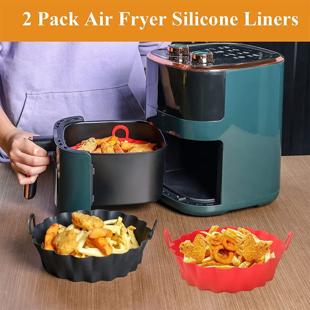 2 Pezzi Rivestimenti in Silicone per Friggitrice ad Aria, Antiaderenti, Resistenti al Calore, Riutilizzabili, Neri e Rossi, Teglie da Forno, Accessori per Forno, Adatti al Microonde