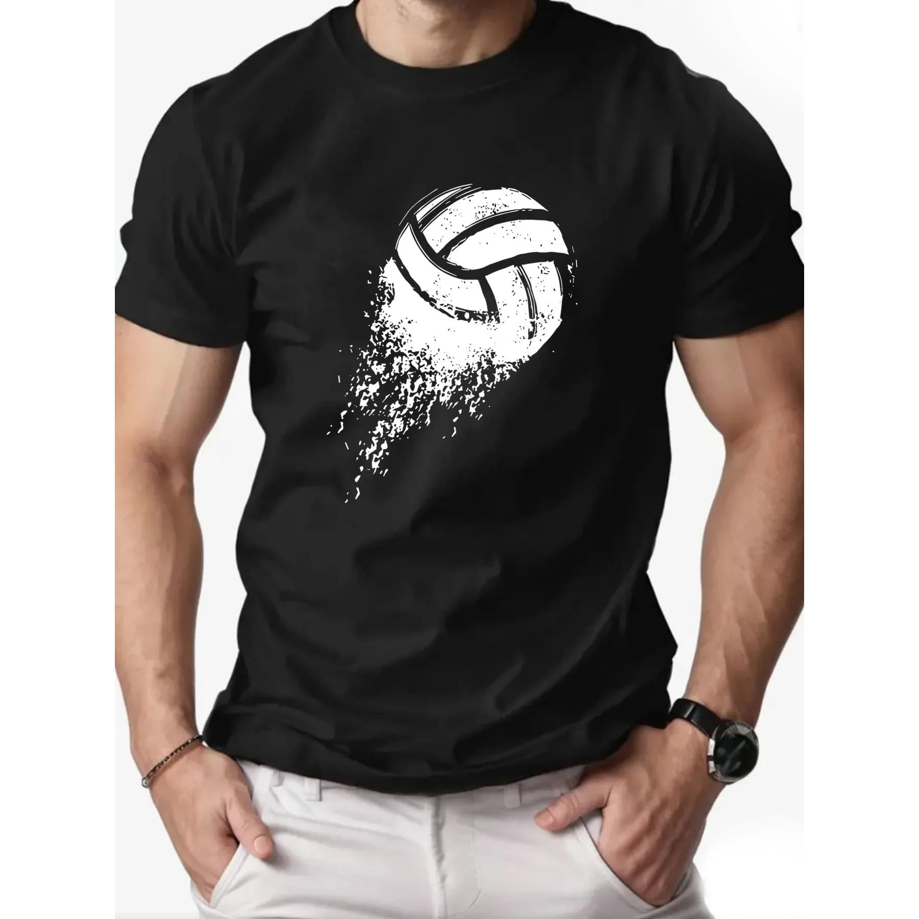 T-shirt da uomo in cotone a maniche corte con grafica Splatter Graphic Volleyball, maglietta sportiva per tutti i giorni