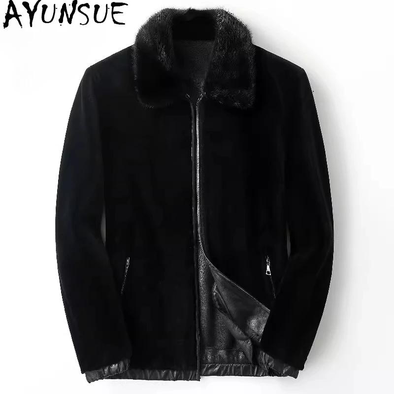 AYUNSUE Nuovo 2025 Tosatura Delle Pecore Giacca Da Uomo Abbigliamento Autunno Inverno Breve 100% Cappotti di Lana per Uomo Collo di Pelliccia di Visone Mens Cappotti di Pelliccia
