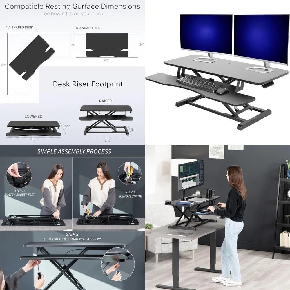 42 inch double monitor holder with laptop support, height adjustable desk converter, black