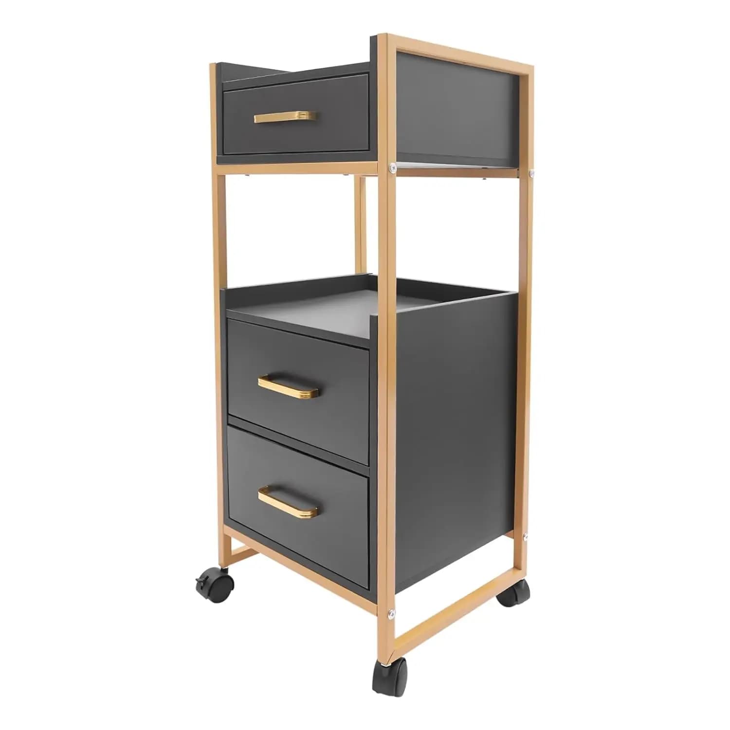 Carrello portaoggetti da salone con ruote, carrello mobile per parrucchiere con supporti per asciugacapelli e 3 cassetti, mobiletto portaoggetti su ruote