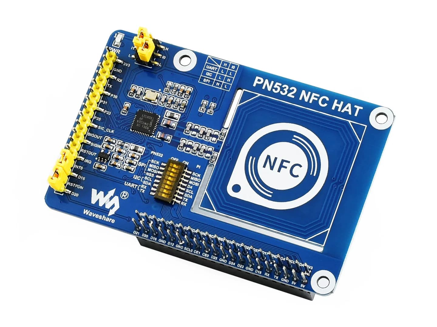 PN532 NFC Hat, for Raspberry Pi, I2C / SPI /UART, breakout control pins, for easy connection with host cards like STM32/Arduino