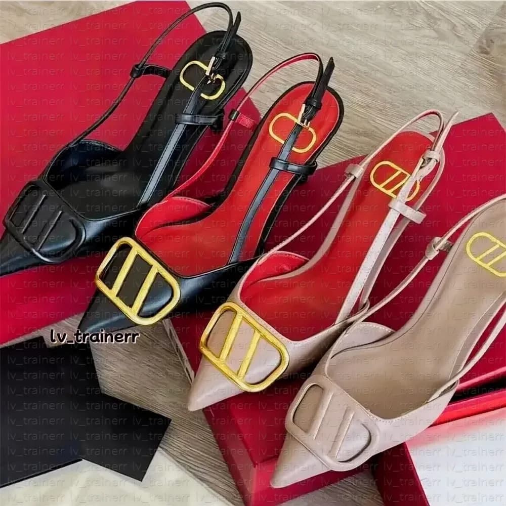Sandali da donna con tacco alto di design, classici con fibbia in metallo, punta a V, in pelle verniciata, tacco a spillo, scarpe eleganti slingback