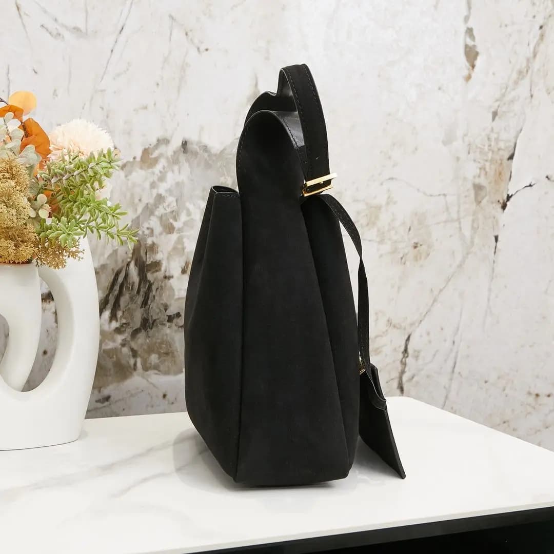Black Suede Minimalist Hobo Shoulder Bag, Large Bucket Tote with Adjustable Leather Strap & Matching Zip Wallet Pouch, Luxury Designer Inspired Neutral Daily Handbag