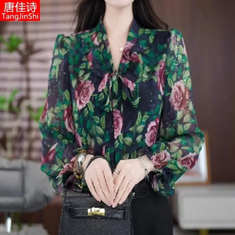 Camicetta in Chiffon con Stampa Floreale da Donna, Scollo a V con Fiocco, Maniche a Sbuffo, Top Elegante e Casual Scintillante