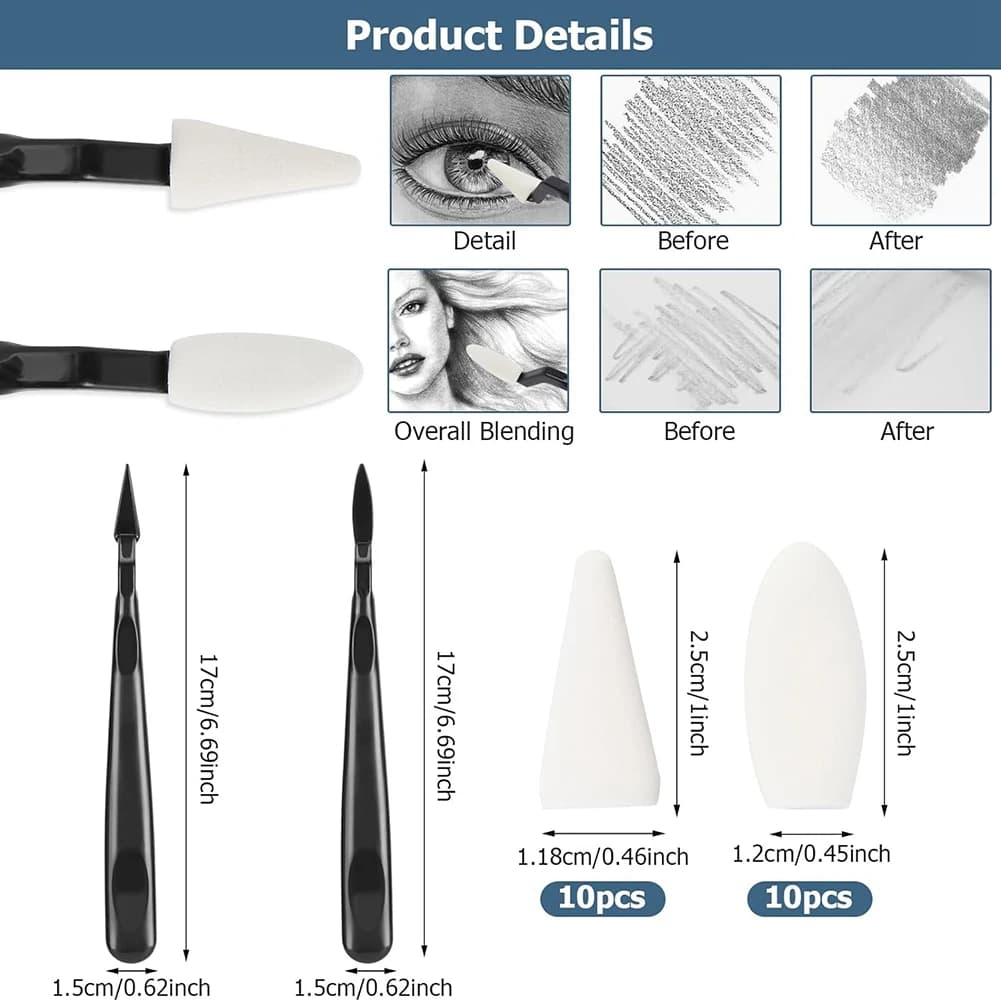 A73P 48 PCS Sketch Drawing Tools, 20 Blending Stumps Set & 2 Sandpaper Pencil Sharpeners, Pencil Extension, Erasers