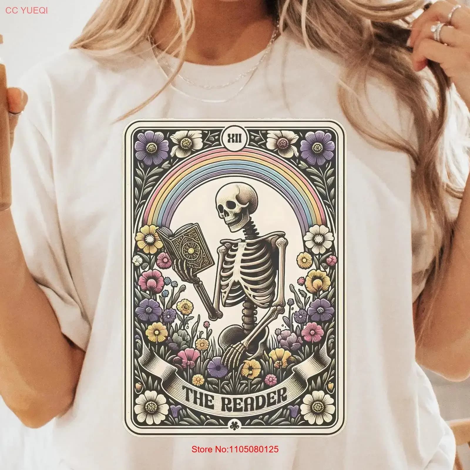 The Reader TaroT T Shirt Scheletro Lettura Amante dei libri per le donne Carta Floreale vintage Lavato moda Unisex Comodo grafico