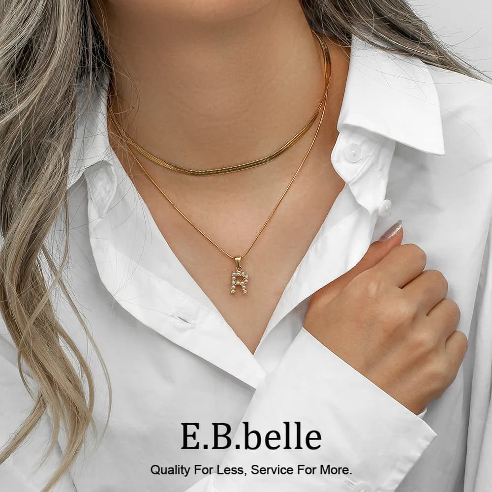 E.B.belle Stainless Steel 18K Gold Plated Simulated Pearl Paved Letter Necklace For Woman Layer Chain Initial Necklace