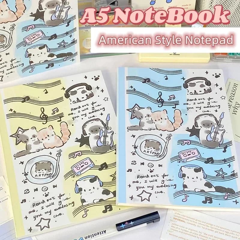 A5 coreano Ins Cute Cartoon Music Cat Notebook Kawaii Girl Journal Planner Book Travel Sketchbook 50 fogli pagina interna orizzontale